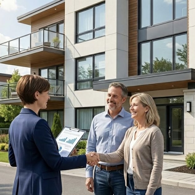 Gestionnaire accueillant des copropriétaires devant leur immeuble