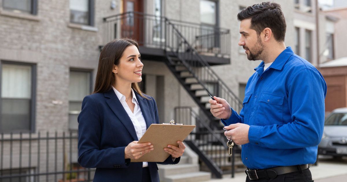 Technicien en maintenance effectuant des réparations sur un immeuble locatif